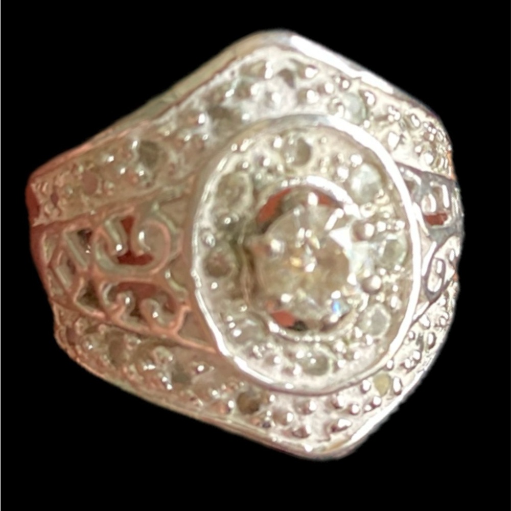 Ornate Silver Octagonal Ring with Intricate Design